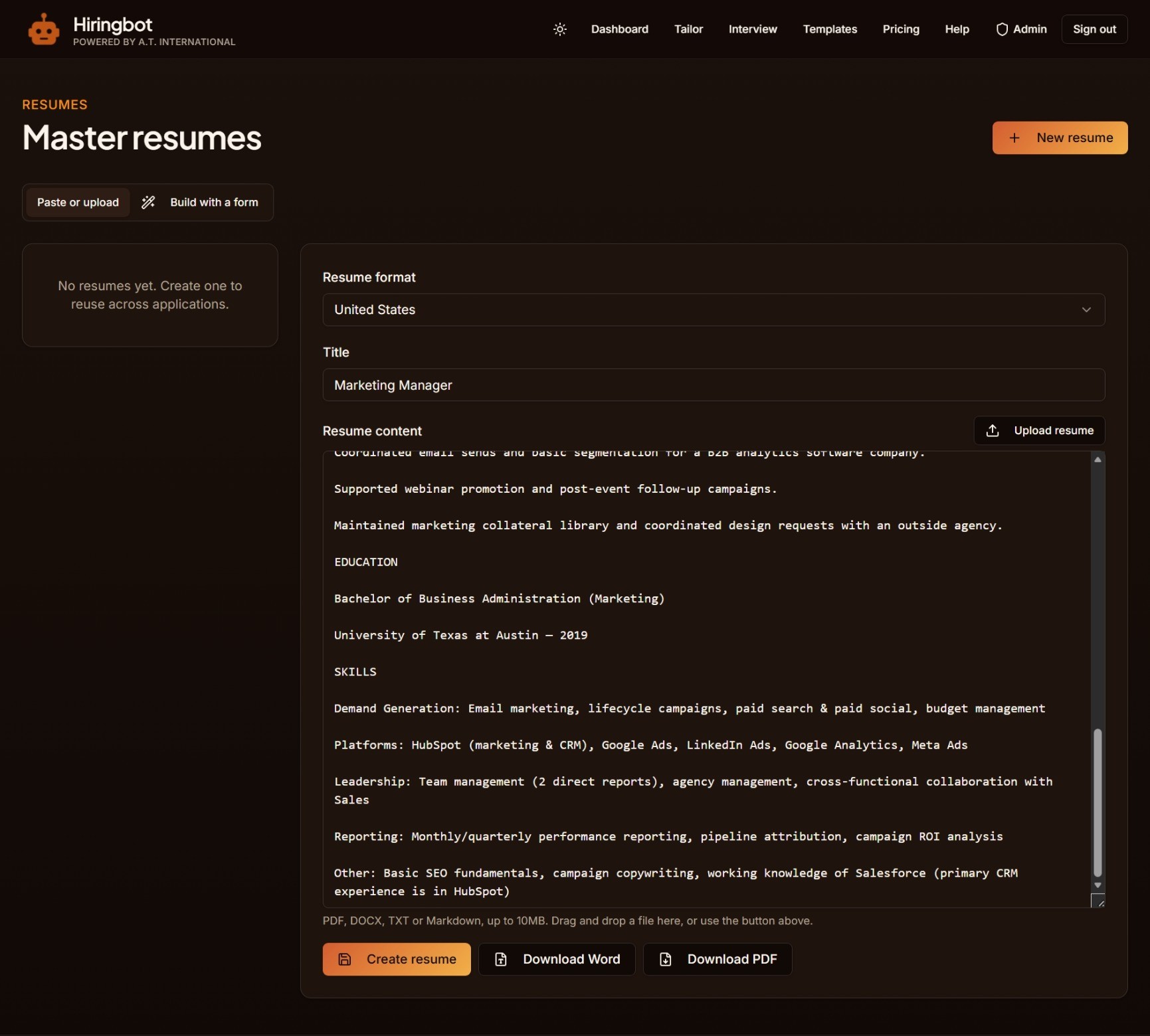 Hiringbot master resume page in Paste or upload mode with the title field and resume content box