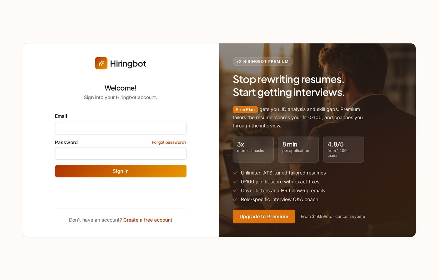Hiringbot sign-in screen with email and password fields