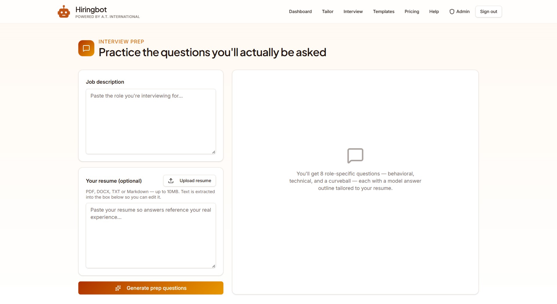 Hiringbot Interview page with upload, paste and load saved resume options plus the job description box