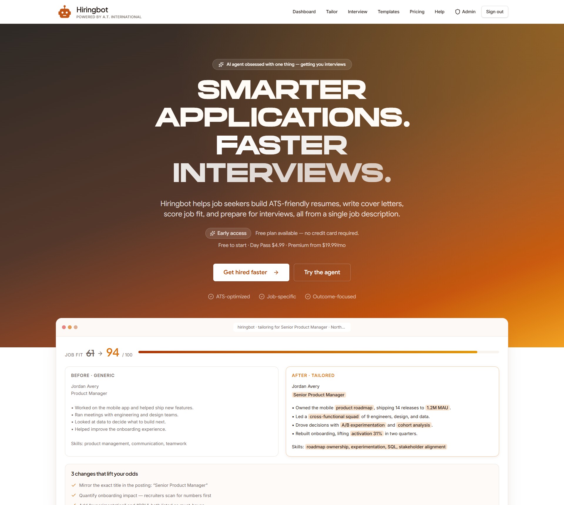 Hiringbot homepage showing the headline and the Try the agent call to action