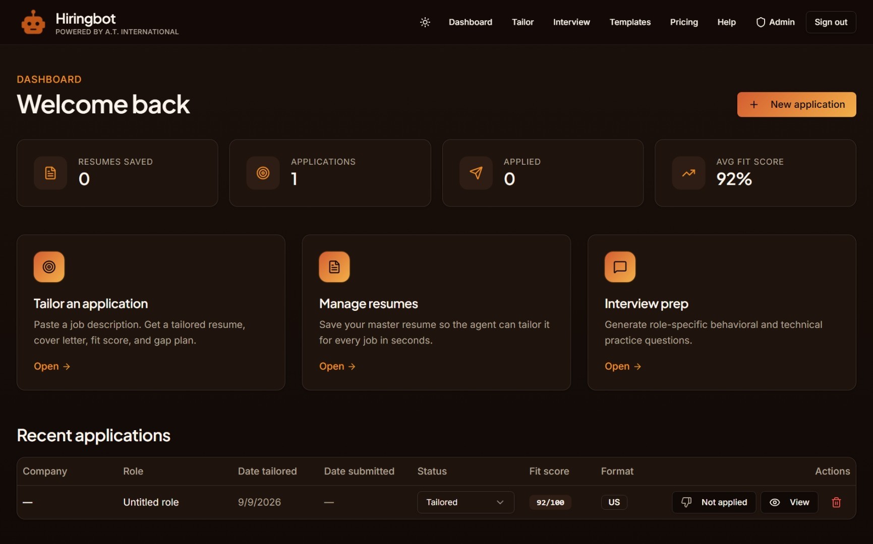 Hiringbot Dashboard showing stat cards, quick-action cards, and the recent applications table