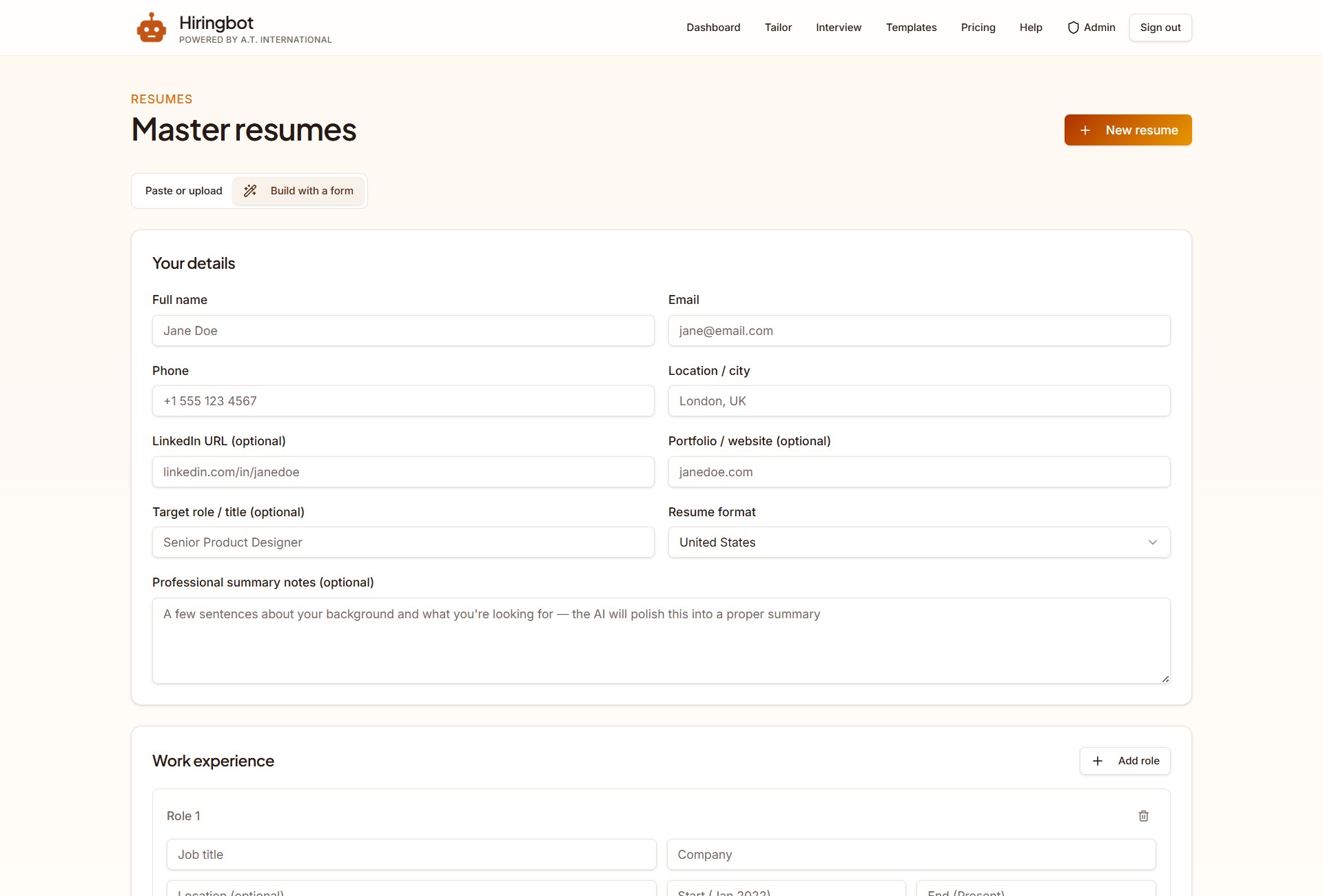 Hiringbot guided resume builder form with contact, experience, education and skills fields