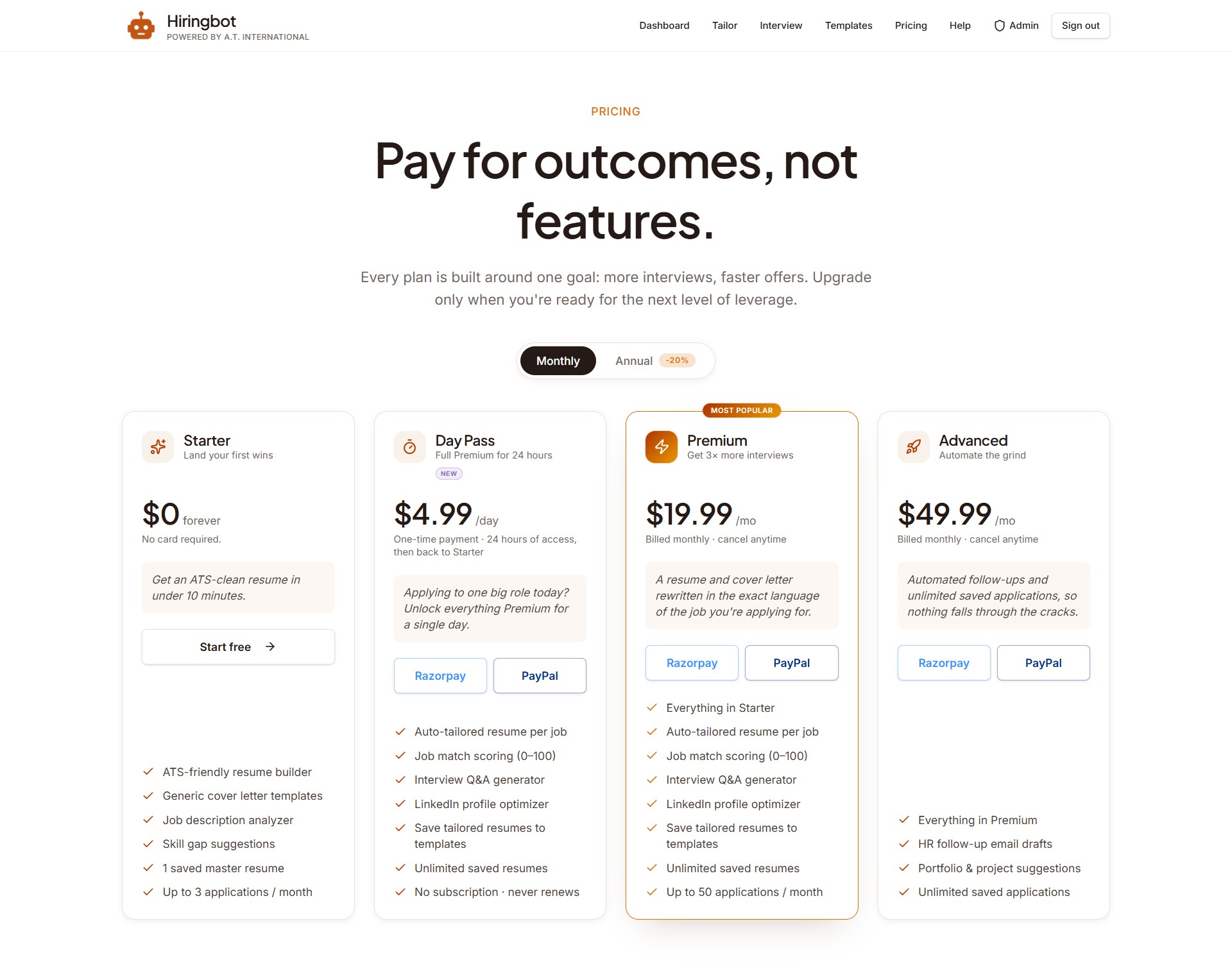 Hiringbot pricing page showing the Starter, Day Pass, Premium and Advanced plans