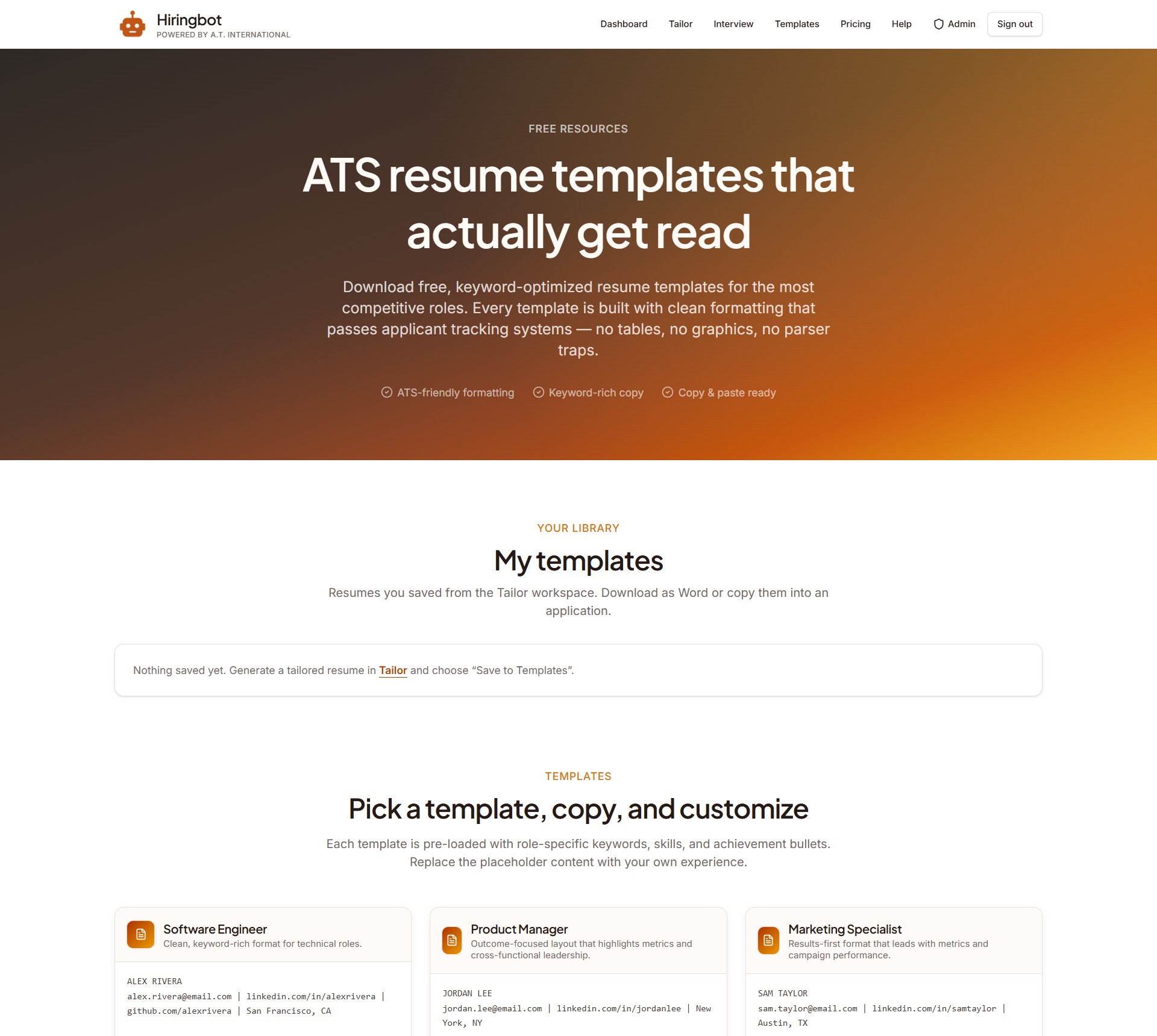 Hiringbot templates page with ATS-friendly resume templates for different roles